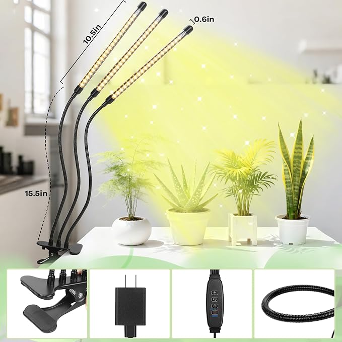 Led Grow Lights, 3 Heads Full Spectrum Plant Light with Clamp for Indoor Plants & Seed Starting, 10-Level Dimmable, Auto On Off, Timing 3 9 12Hrs
