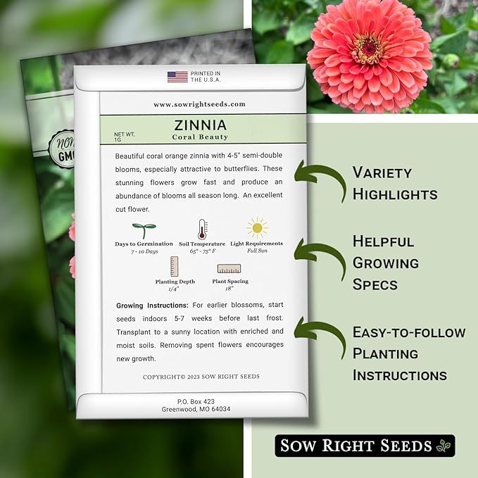 Sow Right Seeds - Zinnia Coral Flower Seeds for Planting - Beautiful Flowers to Plant in Your Garden - Non-GMO Heirloom Seeds - Vibrant Colored Variety - Attract Pollinators - Giant Cut Flower (2)