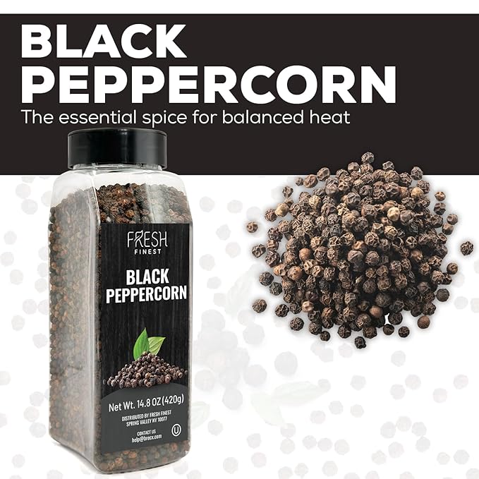 Fresh Finest Black Peppercorns 14.8oz - Premium Quality Whole Black Pepper - All-Natural, Non-GMO, Gluten-Free, Kosher - Perfect for Grinders, Cooking, and Seasoning