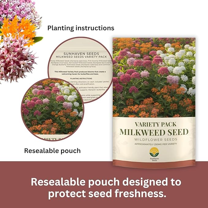 Native Milkweed Variety Pack - 5 Essential Species for Monarch Butterfly Gardens - Common, Swamp, Butterfly Weed, Showy & Narrowleaf - Non-GMO Native Wildflower Seeds for Pollinators