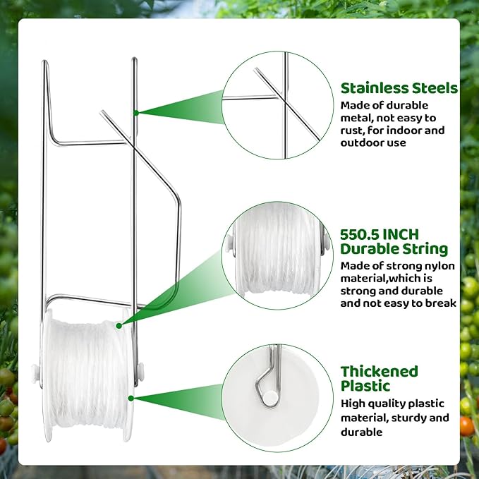 Greenhouse Trellising Kit, 10 PCS Tomato Hooks with String & 100 PCS Support Clips, Metal & Nylon, White, Linear Plant Support, Tomato Trellis