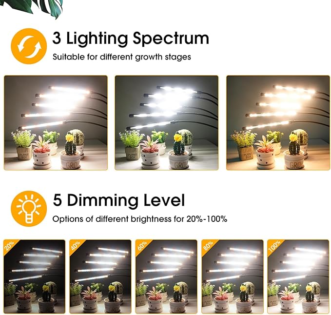 Wolezek Grow Lights for Indoor Plants Full Spectrum, LED Grow Light with Adjustable Stand and Sturdy Clip, 5-Heads Plant Grow Lights Indoor with Auto 6/12/16H Timer, 3 Light Modes, 5 Levels Dimmable