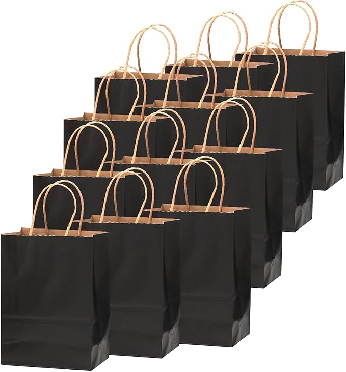 qiqee 200-Packs Black Paper Gift Bags with Handles Bulk 10.6"x8.3"x4.3" Medium Size Paper Bags Multiple Uses