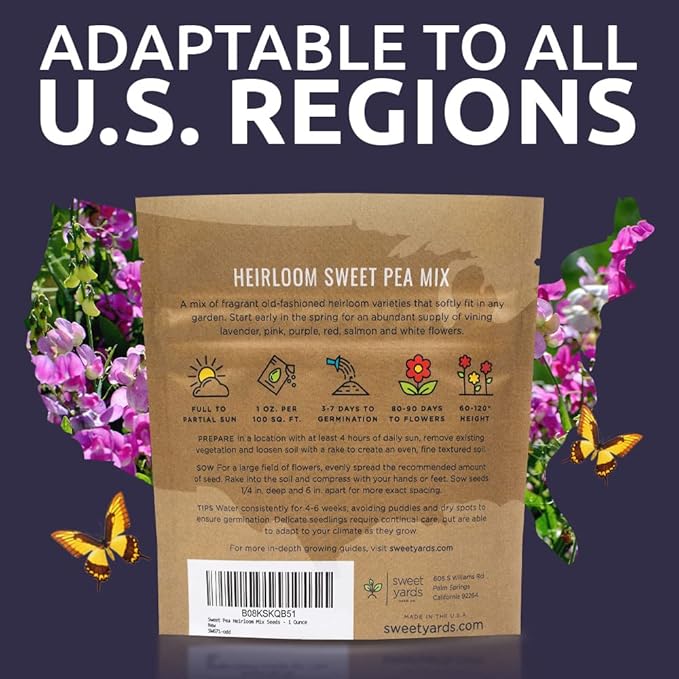 Sweet Pea Seeds Heirloom Mix - Bulk 1 Ounce Packet - Over 350 Seeds - Large Fragrant Lavender, Purple, Red, Pink and White Blooms