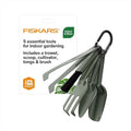 Fiskars 5-Piece Cultivating Tool Set, Nesting Trowel, Soil Scoop, Cultivator, Tongs & Brush for Indoor Gardening, Stainless Steel with Powder Coat Finish, Space Saving Design, Black