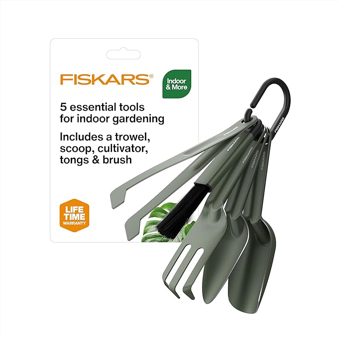 Fiskars 5-Piece Cultivating Tool Set, Nesting Trowel, Soil Scoop, Cultivator, Tongs & Brush for Indoor Gardening, Stainless Steel with Powder Coat Finish, Space Saving Design, Black
