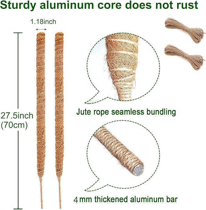Bendable Moss Pole for Plants, 2 Pack 27.5 Inch Monstera Plant Support Stakes, Moss Poles for Climbing Plants with Jute Rope, Coco Coir Pole Indoor Plant (2, 3CMX70CM)