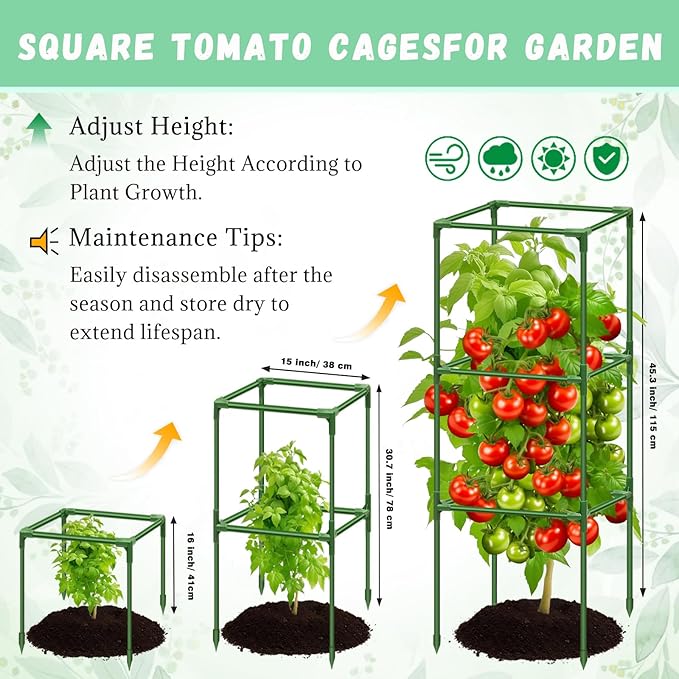 Riare 6 Pack Square Tomato Cages for Garden Plant Support- Up to 45 Inch Tomato Cage Garden Stakes Tomato Trellis for Potted Plants Raised Garden Bed Climbing Vegetables Flowers Outdoor Indoor