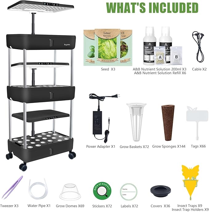 DRYADES 66-Pod Indoor Hydroponic Growing System + 3 Free Seeds Starter Kit (Lettuce, Salad Mixed, Basil Seeds) – Dual 53W Full-Spectrum LED, 10-L Water Tank, 3-Tier Grow Pods (66 Pods)