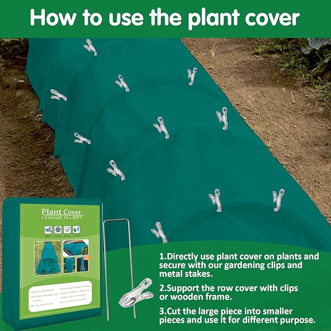 Plant Covers Freeze Protection, 10ft x 50ft 1.41 oz/yd² Frost Cloth Plant Blankets Floating Row Covers with 35 Stainless Steel Clips for Winter Plants Gardens Frost/Sun Pests Protection, Dark Green