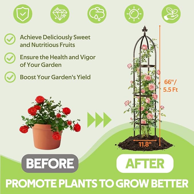 100% Metal Obelisk Trellis for Climbing Plants Outdoor - Heavy Duty Stone Coated Steel Garden Arch Trellis - Tall Sturdy Rustproof Vertical Plant Support for Climbing Vine Vegetables Flowers