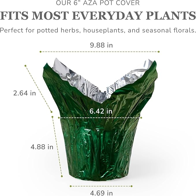 6” AZA Plant Pot Covers, Decorative Plant Sleeve for Indoor & Outdoor House Plants, Reusable and Gift-Ready Foil Wrap for Flower Pots, Evergreen, Pack of 5