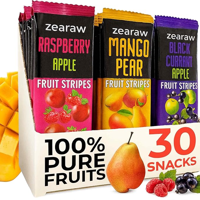 ZEARAW Healthy Fruit Snacks for Adults and Kids – 30 Fruit Leather with Dried Black Currant, Pear-Mango, Apple-Raspberry – Vegan Low-Carb Variety Pack Strips for Kids – Sugar Free Bars
