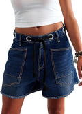 Cicy Bell Women Drawstring Mid Waist Denim Shorts Summer Casual Wide Leg Jorts Boyfriend Baggy Jeans Short Pants with Pockets