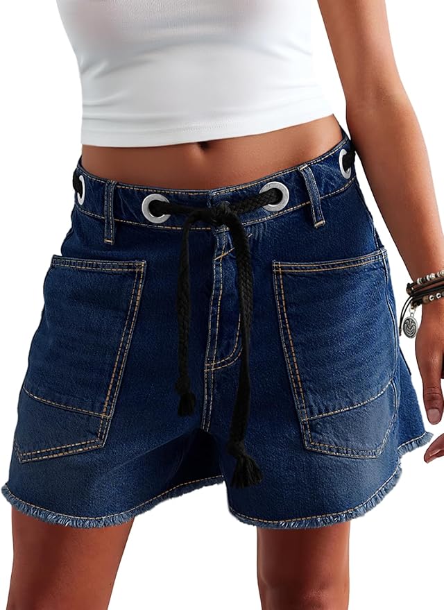 Cicy Bell Women Drawstring Mid Waist Denim Shorts Summer Casual Wide Leg Jorts Boyfriend Baggy Jeans Short Pants with Pockets
