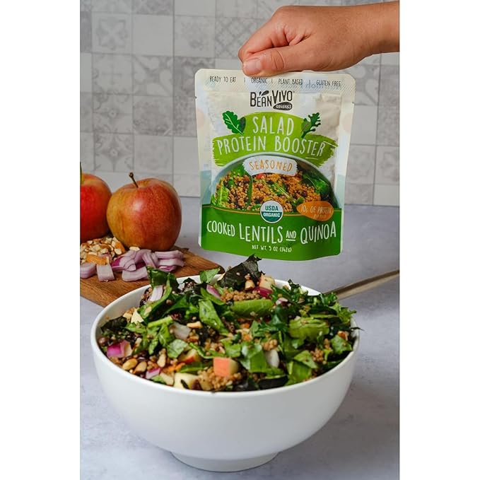 BeanVIVO 3-Pack Salad Protein Booster - Organic Lentils & Quinoa, fully cooked and seasoned, delivering a burst of taste and 10g of protein-packed goodness in every pouch 5oz