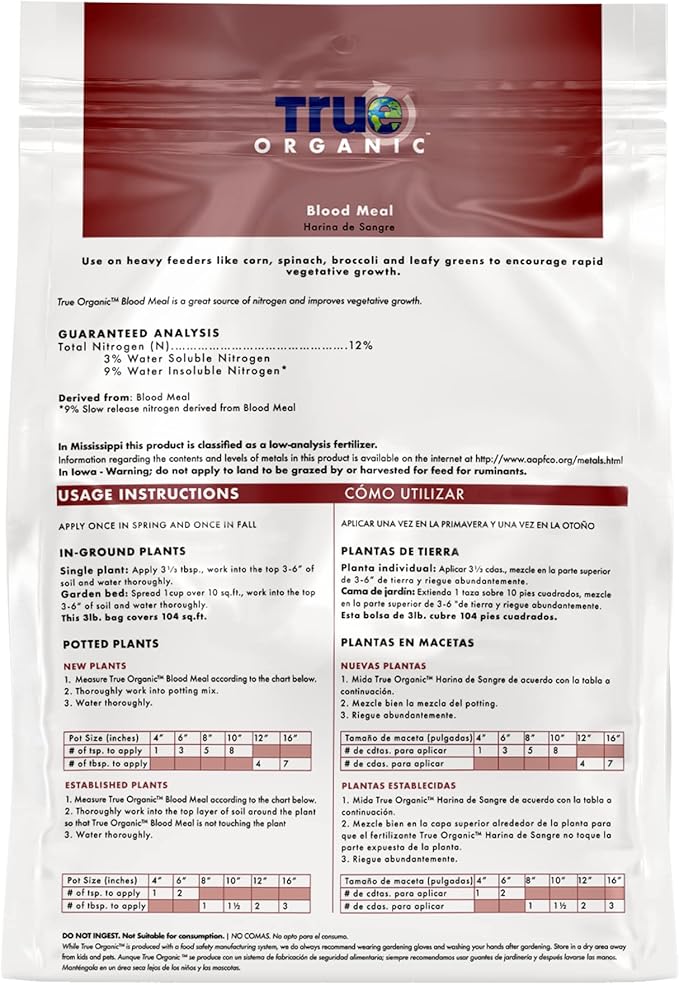 True Organic Blood Meal – High-Nitrogen Organic Fertilizer for Rapid Vegetative Growth – 3lb Bag Covers 104 Sq. Ft. (Pack of 2)