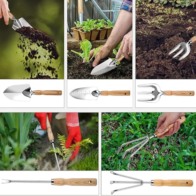 5-Piece Garden Tool Set, Rust-Resistant Stainless Steel with Ergonomic Non-Slip Wooden Handles – Durable Gardening Tools Gift,Includes Trowel,Transplanter, Hand Fork, Cultivator & Weeder Light-Weight