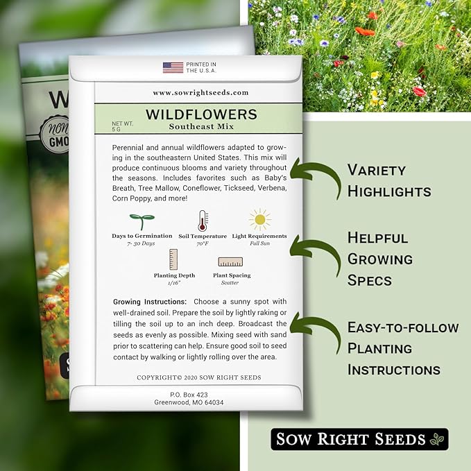 Sow Right Seeds - Wildflowers Seeds Mix for Planting in Southeast - Non-GMO Heirloom Varieties to Grow a Wild Flower Garden - Perennial and Annual Flowers to Attract Pollinators - Colorful Blooms (1)
