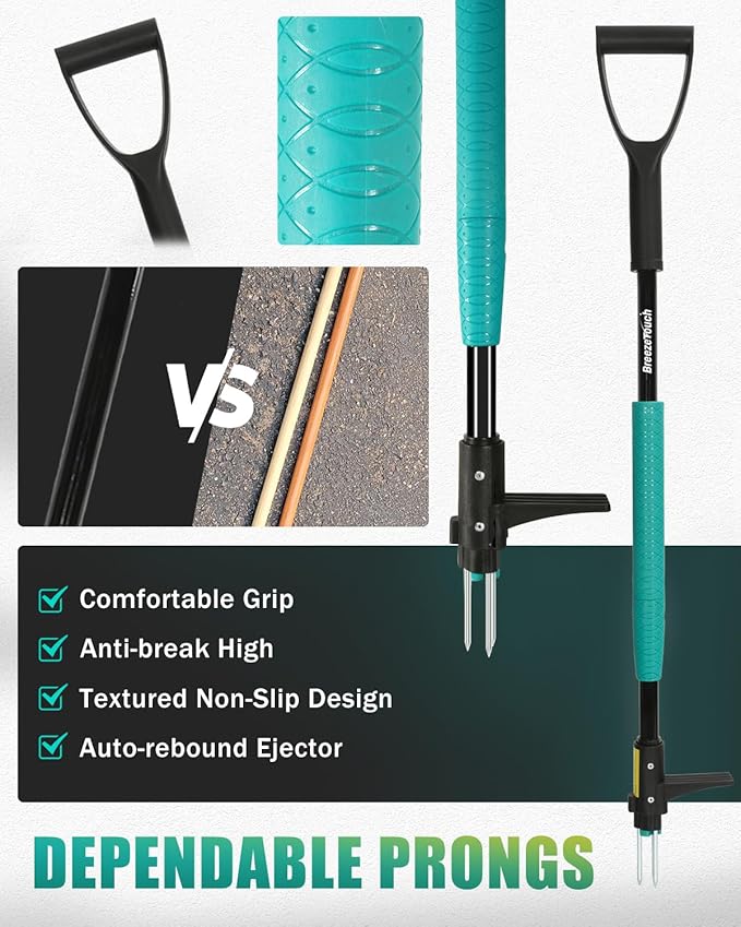 Breeze Touch Stand Up Weed Puller 39" with D-Grip Handle and 3-Claw Steel Head, Long Handle Weed Removal Tool for Lawn & Garden, Removes Dandelion & Crabgrass Without Bending