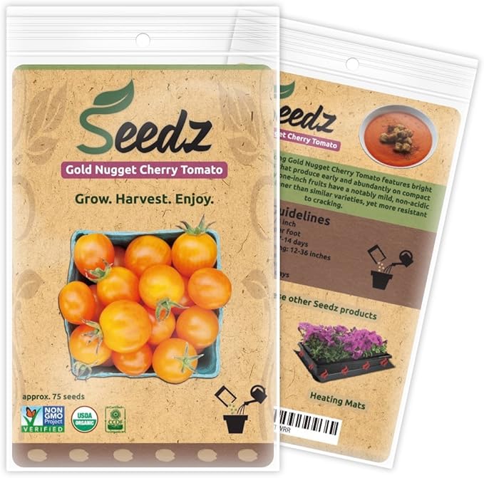 Organic Tomato Seeds, APPR. 75, Gold Nugget Cherry Tomato, Heirloom Vegetable Seeds, Certified Organic, Non GMO, Non Hybrid, USA