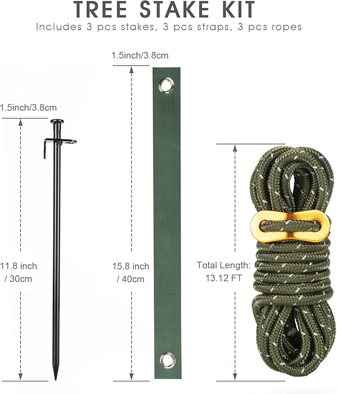 Heavy Duty Tree Stake Kits, 11.8 Inch Steel Tree Stakes and Supports for Young Tree Anti Strong Wind, Leaning Tree Anchor Straightening Kit with 3 PCS Steel Stakes, 13.12 Feet Rope and Tree Straps