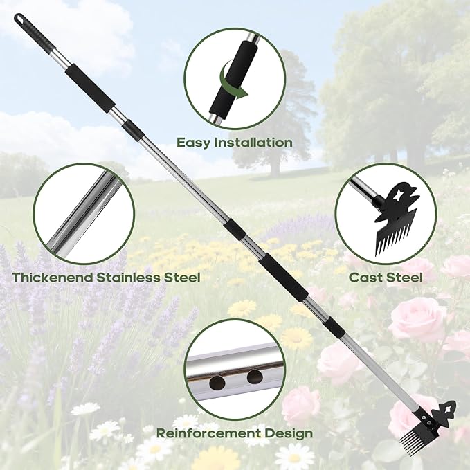 Weed Tool with Long Handle - 60" Manual Weeder Remover Tool, 2 in 1 Hand Weed Rake and Garden Hoe for Gardening, Heavy Duty Uprooting Weeding Pull for Yard, Lawn, Patio and Garden