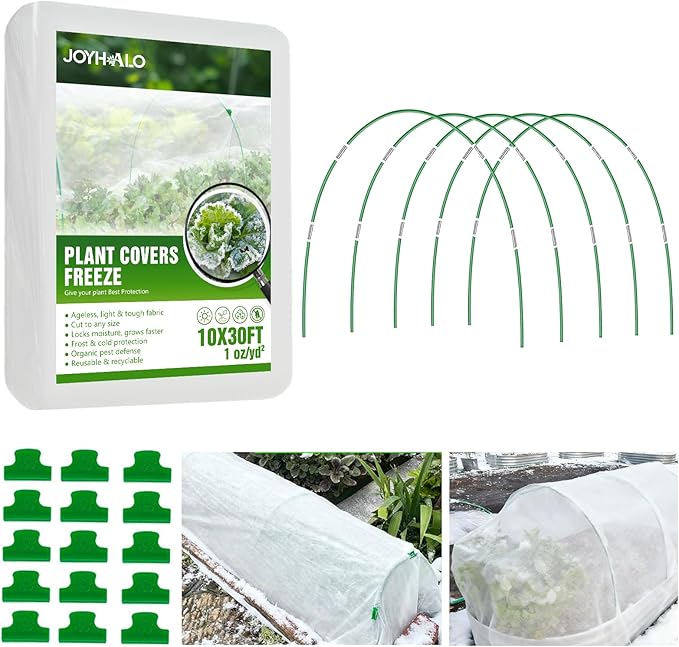 JOYHALO Plant Covers Freeze Protection Kit for Winter, 10 x 30Ft Plant Freeze Protection Cover for Outdoor Plants with 36Pcs Garden Hoops & Clips, Plant Blanket for Frost Snow Protection