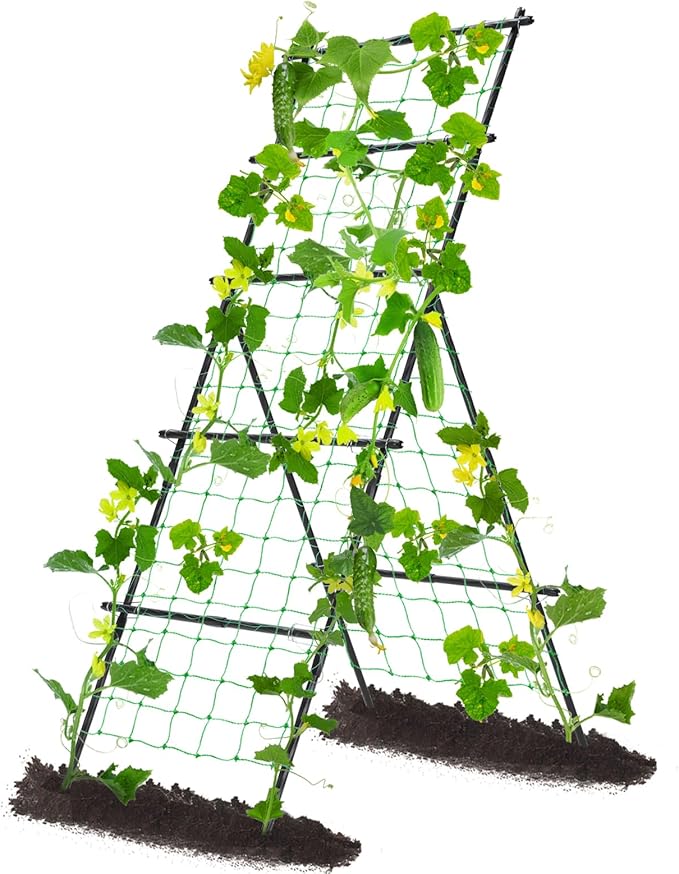 Cucumber Trellis A Frame Garden Trellis, Vertical Plant Support with Netting for Raised Bed Backyard Gardening, PE Coated Steel Climbing Trellis for Cucumbers Tomatoes Beans