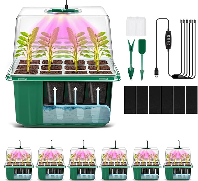 YAUNGEL Self-Watering Seed Starter Trays with Grow Light, 6-Pack 72-Cell Seed Starter Kit with Timing Controller Adjustable Brightness, Thicken Seed Starter Kit Humidity Dome Heightened Lids, Green