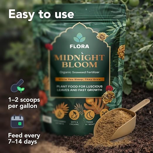 Flora Midnight Bloom Organic Seaweed Fertilizer Powder – 200g | Bio-Organic Plant Food for Indoor & Outdoor Plants | Fast Root Growth & Leaf Boost | Feeds at Night | 35+ Waterings