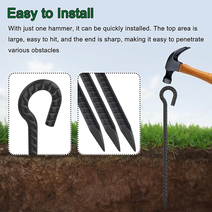 30 Inch Rebar Stakes Heavy Duty 6 Pack Tent Stakes with Loop 1/2 Inch Diameter Tarp Pegs Tree Stakes and Supports Ground Anchors Garden Rope Fence Stakes for Outdoor Camping and Yard, Black