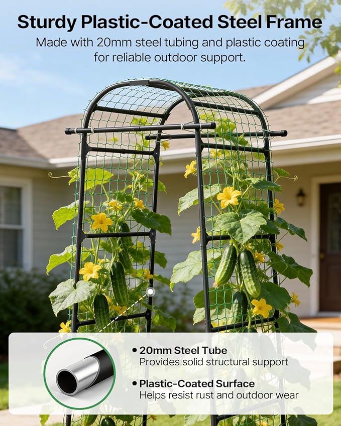 Suteck Garden Arch Cucumber Trellis – 85" Metal Garden Trellis Arch with Nylon Net for Climbing Vegetables, Vertical Plant Support for Raised Beds, Backyards & Patios, Ideal for Home Gardeners