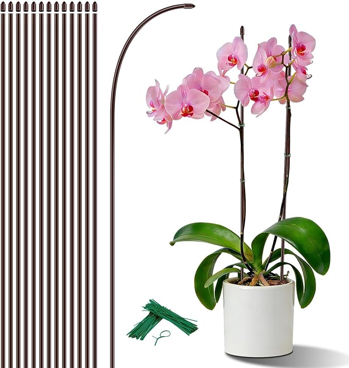 15Pcs Orchid Stakes,SupKing 17.7 Inch Plant Support Sticks Invisible Bendable Green Pole Rods for Small Indoor Outdoor Potted Plants Comes 20Pcs Ties-Brown