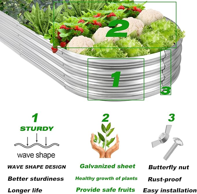 Raised Garden Bed GRS Certified Galvanized Planter Box Outdoor, 6.5ft Oval Rot-Resistant Metal Garden Bed Planter, Recycled Material Planter for Vegetables Flowers Herbs (Silver)