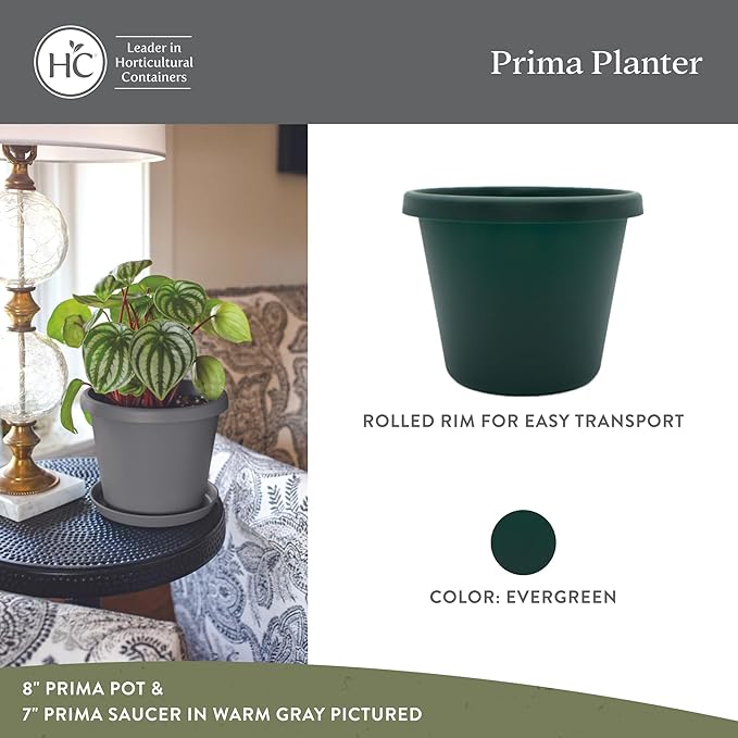 The HC Companies Prima Round Plastic Plant Pot w/Rolled Rim - Lightweight & UV Resistant Flower Pot for Herbs & More - Outdoor & Indoor Plant Pots w/Drainage (10 inch, Evergreen, Pack of 1)