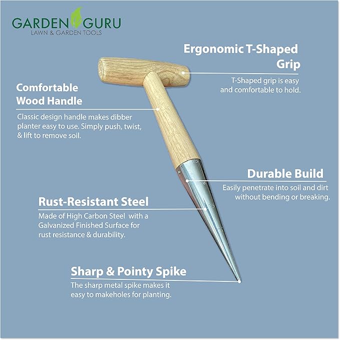 Garden Guru Steel Dibber Planter Tool for Planting Seeds & Bulbs - High Carbon Steel & Comfortable Wood Carved Handle - for Consistent Planting Flowers Tulips, Daffodils, Dahlias (2 Pack)