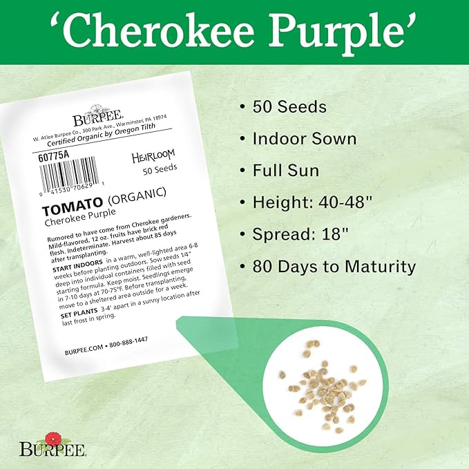 Burpee 'Cherokee Purple' Heirloom | Large Purple Slicing Tomato | Rich Flavor | 50 Seeds