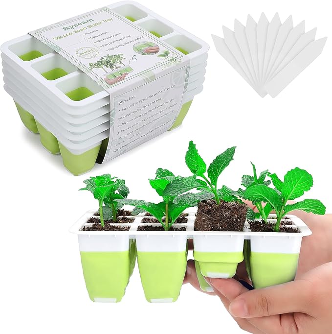 Ryscam 6pcs Reusable Seed Starter Kit, 72 Cells Seed Starter Trays, Silicone Seedling Starter Trays for Starting Plant Seeds with Flexible pop-Out Cells, Indoor Gardening Plant Germination Trays