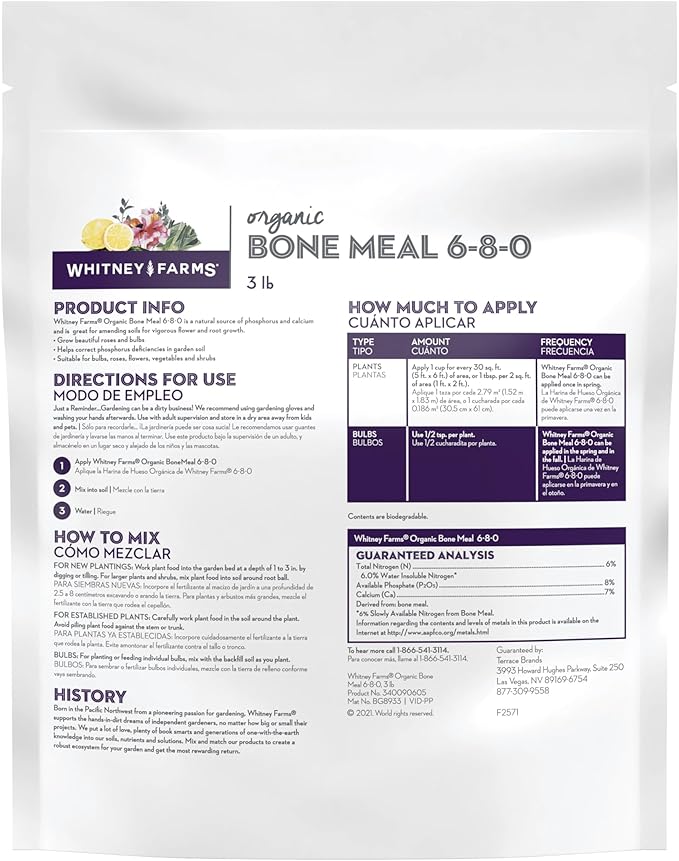 Whitney Farms Organic Bone Meal 6-8-0 - Phosphorus Fertilizer for Root Growth in Bulbs, Roses, Flowers, Vegetables, Trees and Shrubs - 3 lb.