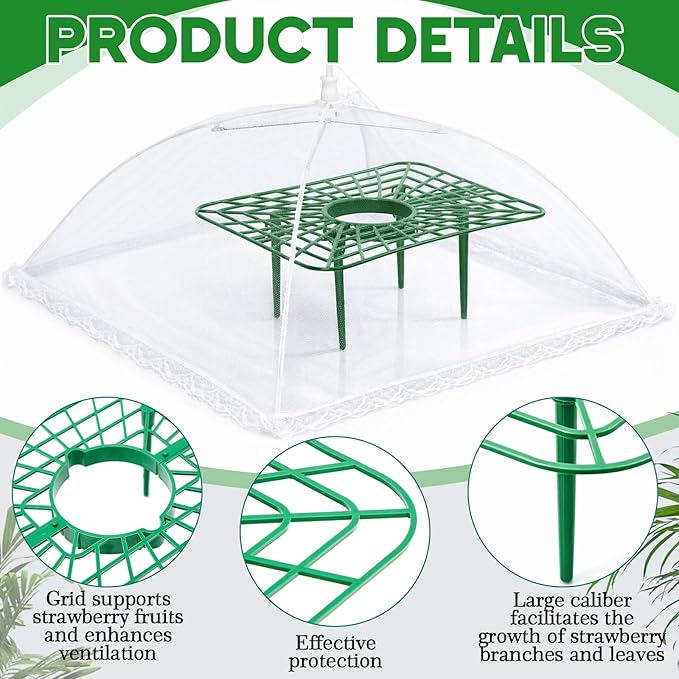 12 Sets Square Strawberry Plant Support with Mesh Plant Cover, Strawberry Growing Kit with Iron Nails for Garden Vegetables Keep Berries Clean