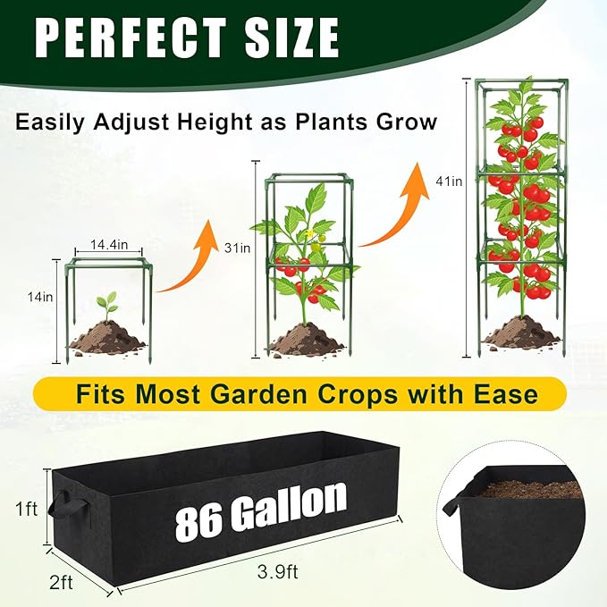 3-Pack Tomato Cages with 86 Gallon Raised Garden Bed - 41" Anti Collapse Heavy Duty Plant Support Trellis for Climbing Vegetables Plants Flowers ,Adjustable Vertical Tomato Trellis for Garden Balcony