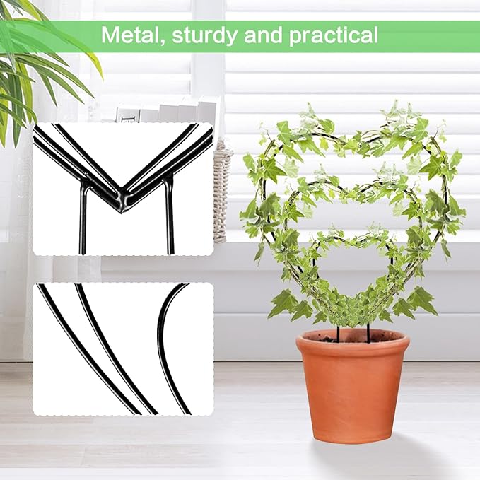 Hoya Trellis 3 Size Indoor Plants Flower Support Stakes Round or Heart Metal Trellis Set Garden Tool Accessories for Small Potted Vine Climbing Houseplants (BlackH)