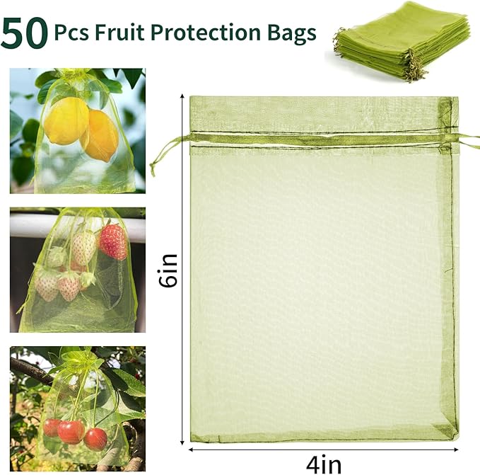 50 Pcs Fruit Protection Bags, 4×6 Inches Green Fruit Nets for Fruit Tree, Drawstring Mesh Cover Bags to Protect Vegetables Tomato Strawberry Garden (4×6 Inch)