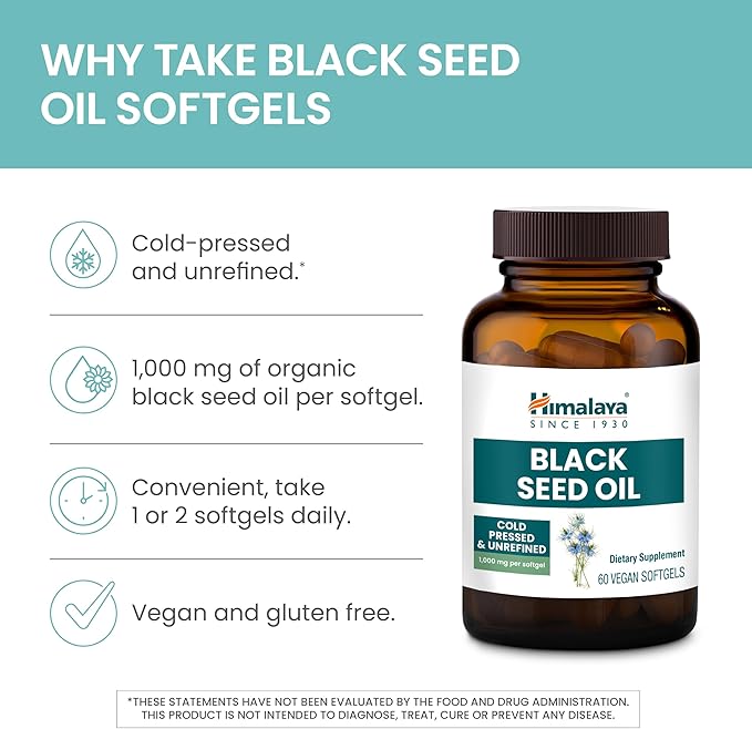 Himalaya Black Seed Oil Softgels, Cold-Pressed & Unrefined Black Seed Oil for Wellness, Non-GMO, Vegan, Gluten-Free, No Additives, 1,000 mg Per Serving, 60 Softgels