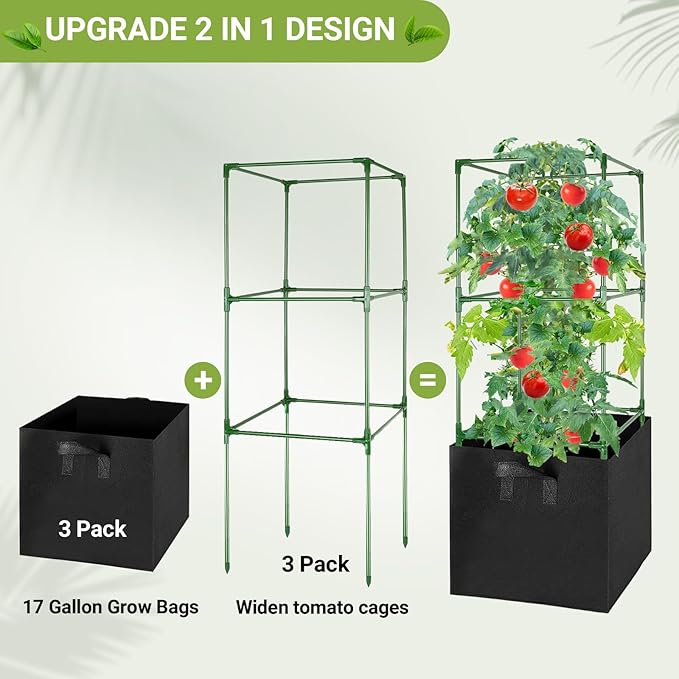 3 Pack Tomato Cages with 17 Gallon Grow Bags, 47” Heavy Duty Square Tomato Plant Stakes Support Cages Trellis for Garden Climbing Vegetables Flowers Fruits (47IN Tall, Extra-Bold)