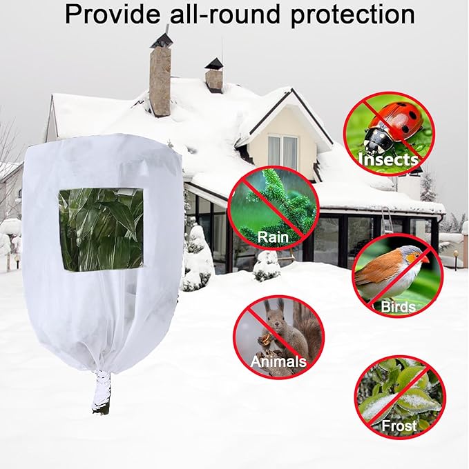 CMINGJ Plant Frost Protection Covers with Viewing Window, 47.2" x 70.8", 2.06oz/yd², Reusable Drawstring Tree Cover, Winter Tree Blanket with Zipper for Outdoor Plants, Frost Protection Cloths(2 Pack)