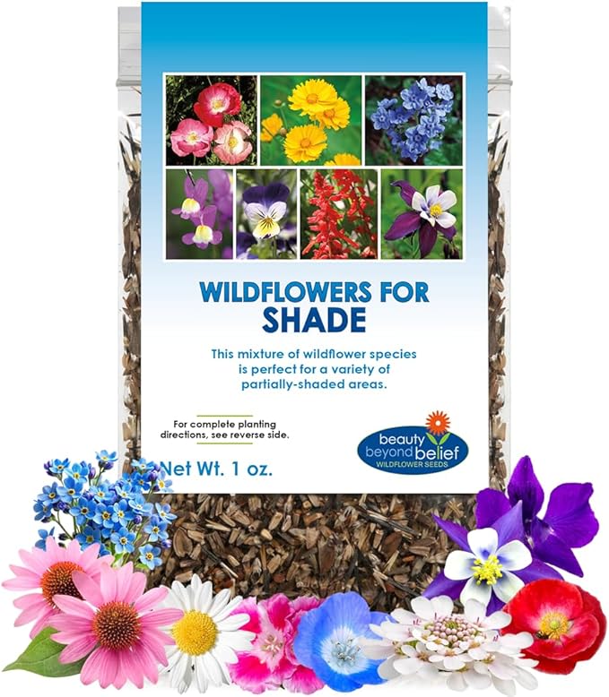 Partial Shade Wildflower Seeds -1 oz, Open-Pollinated Flower Seed Mix Packet, No Fillers, Annual, Perennial Wildflower Seeds Year Round Planting - 1 oz