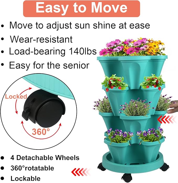 DUNCHATY Stackable Planter, Vertical Garden Planter with Wheels and Tools, Self Watering Strawberry Planter Indoor/Outdoor 4 Tier Herb Planter Pots for Growing Vegetables and Succulents, Teal