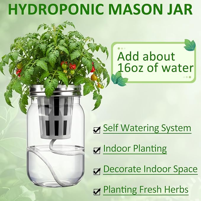 12 Set Hydroponic Herb Garden Planter Indoor Kit, Include 12 Self Watering Mason Jars 12 Planting Baskets 12 Pre Sown Growth Plugs and 12 Absorbent Cores Herb Growing Kit for Gardening